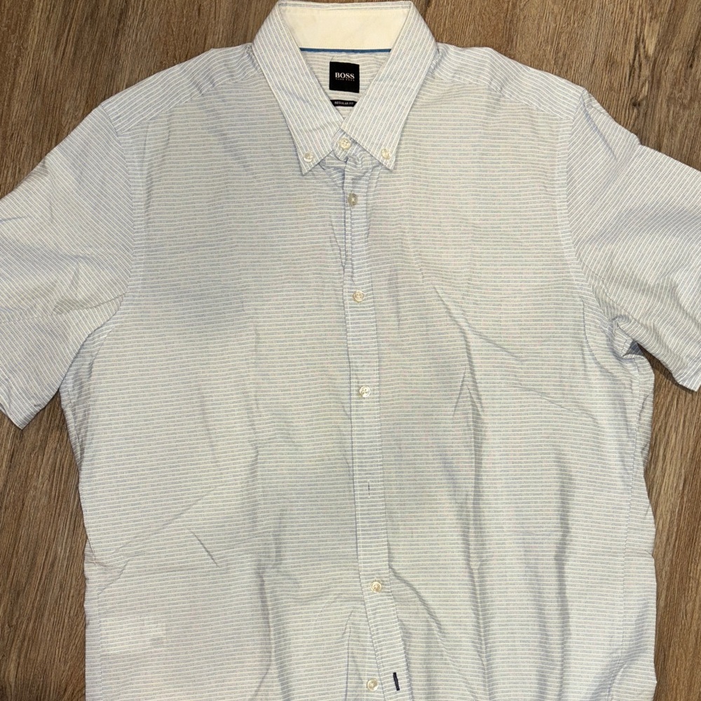 Boss Men's Light Gray Striped Button Down Shirt